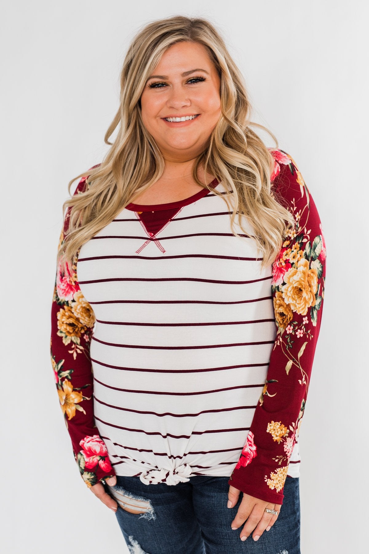 The Perfect Day Striped Floral Top- Burgundy & Ivory