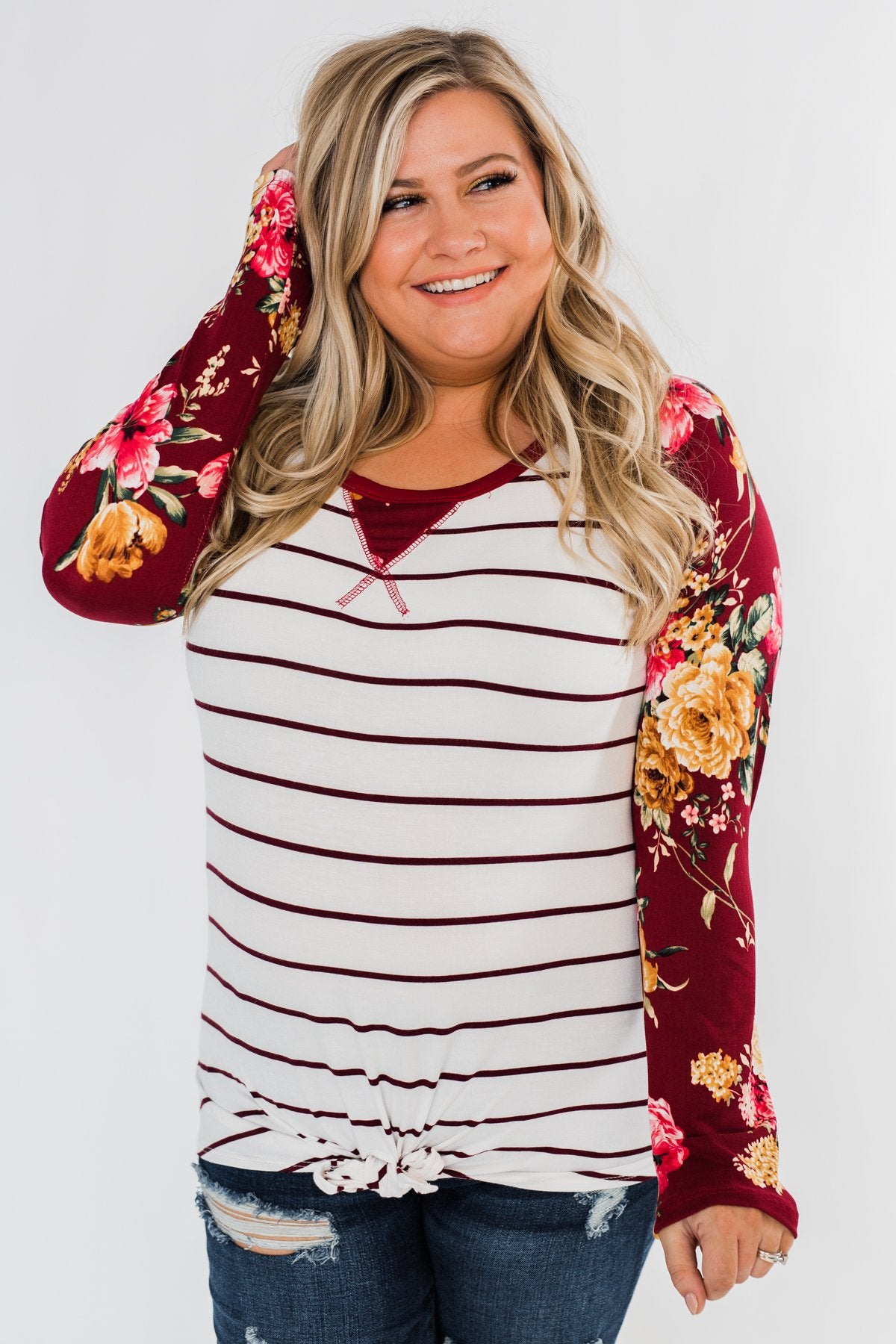 The Perfect Day Striped Floral Top- Burgundy & Ivory