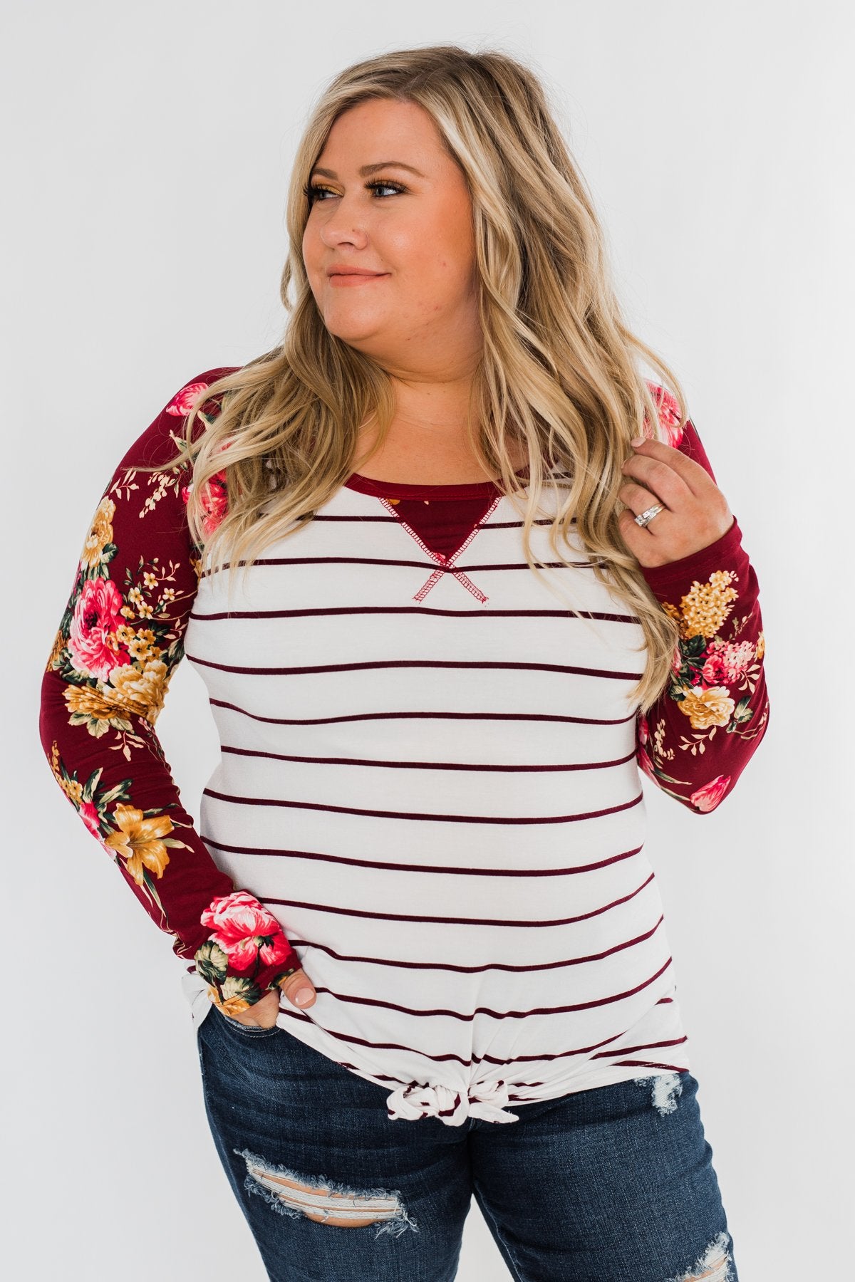 The Perfect Day Striped Floral Top- Burgundy & Ivory