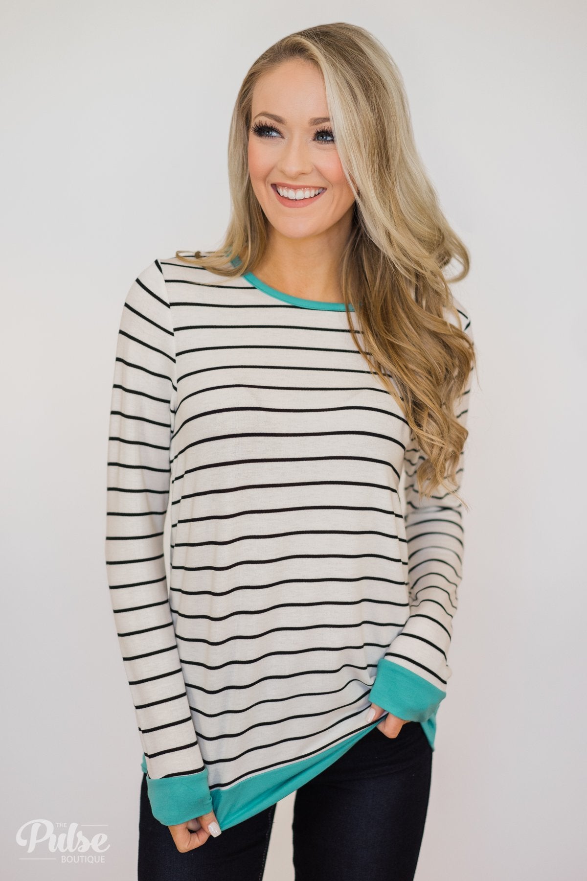 Follow the Beat Striped Top- Turquoise Blue