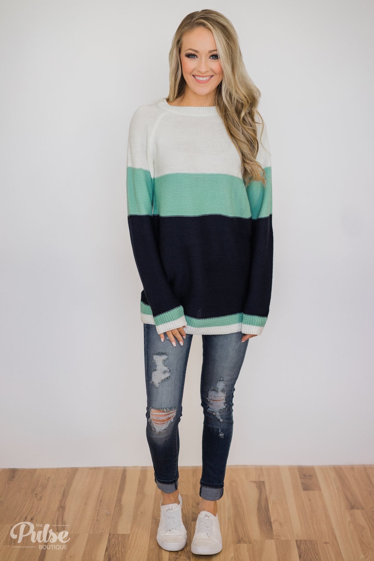 Close to You Knitted Color Block Sweater- Ivory, Mint, Navy