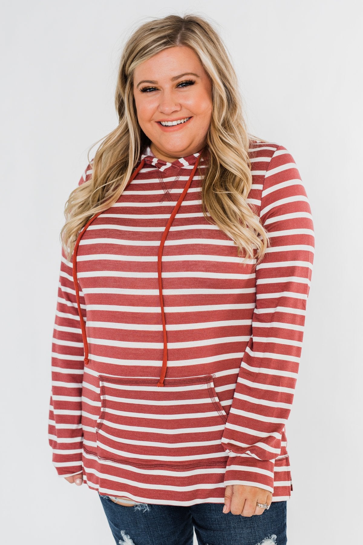 A Sure Thing Striped Tunic Hoodie- Rust & Ivory