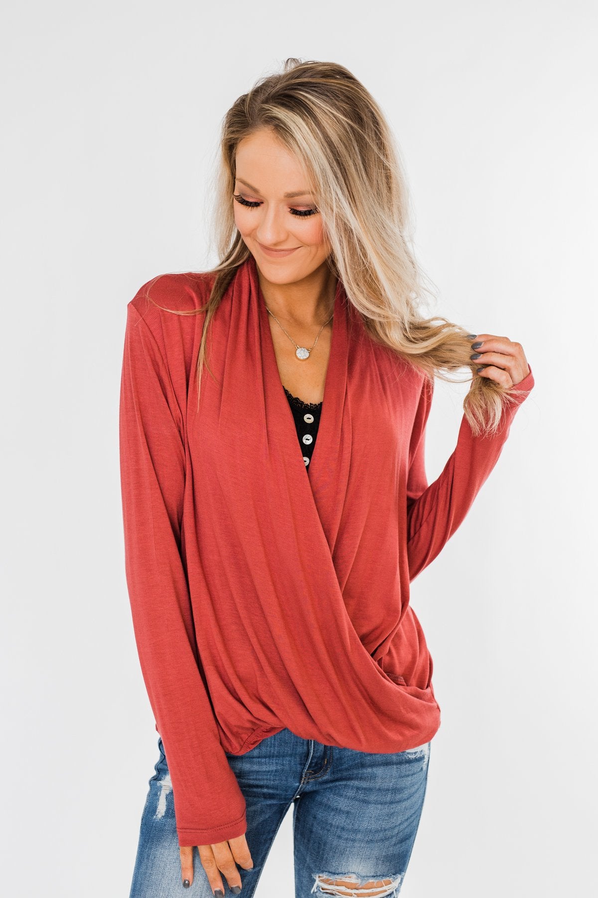 Can't Help This Feeling Front Wrap Top- Rusty Mauve