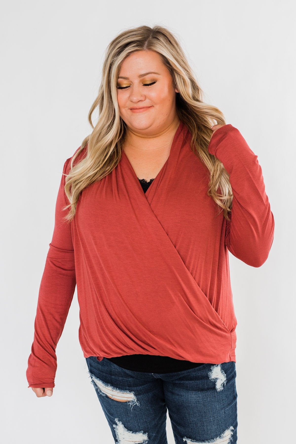Can't Help This Feeling Front Wrap Top- Rusty Mauve