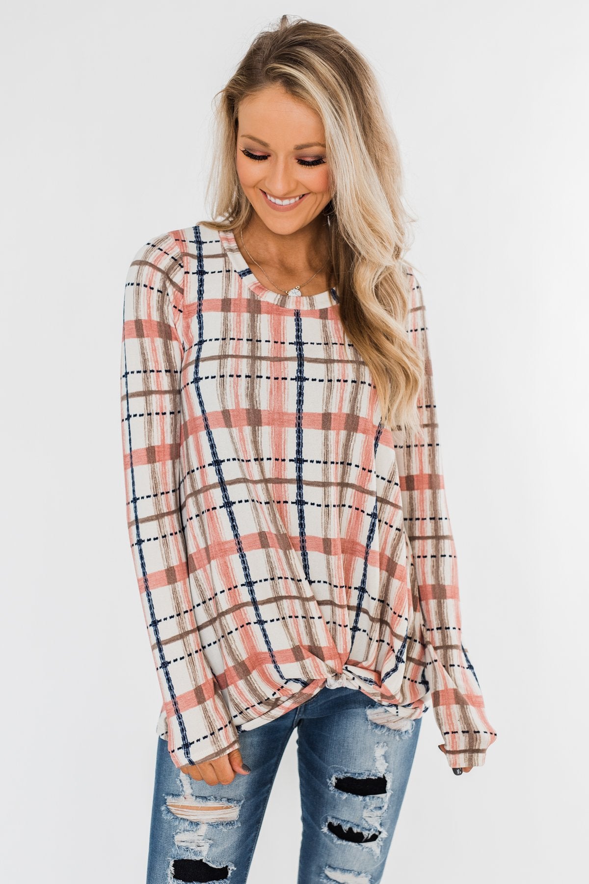 Long Sleeve Front Twist Top- Mauve, Cream, & Navy
