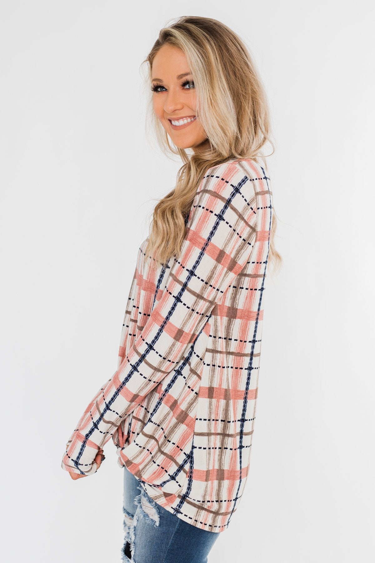 Long Sleeve Front Twist Top- Mauve, Cream, & Navy