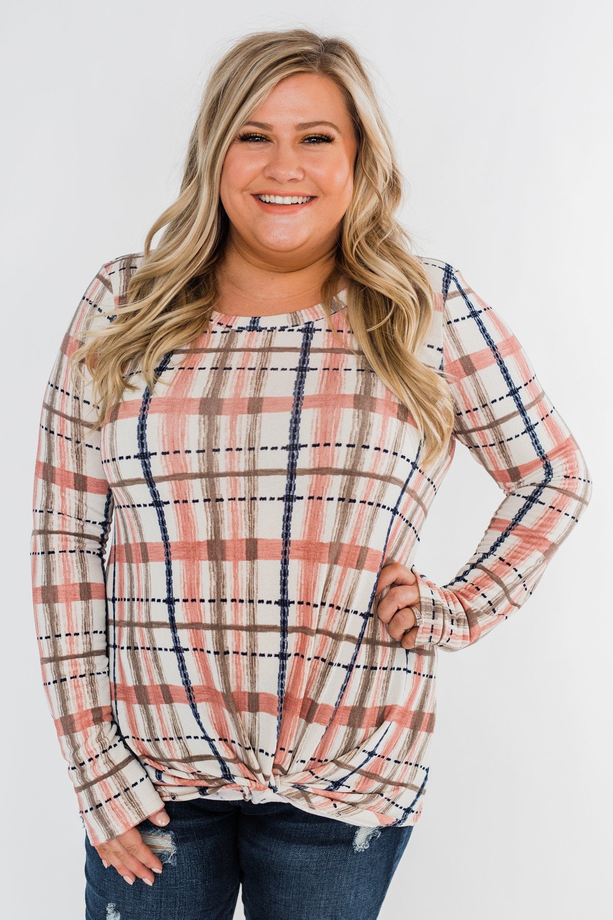 Long Sleeve Front Twist Top- Mauve, Cream, & Navy