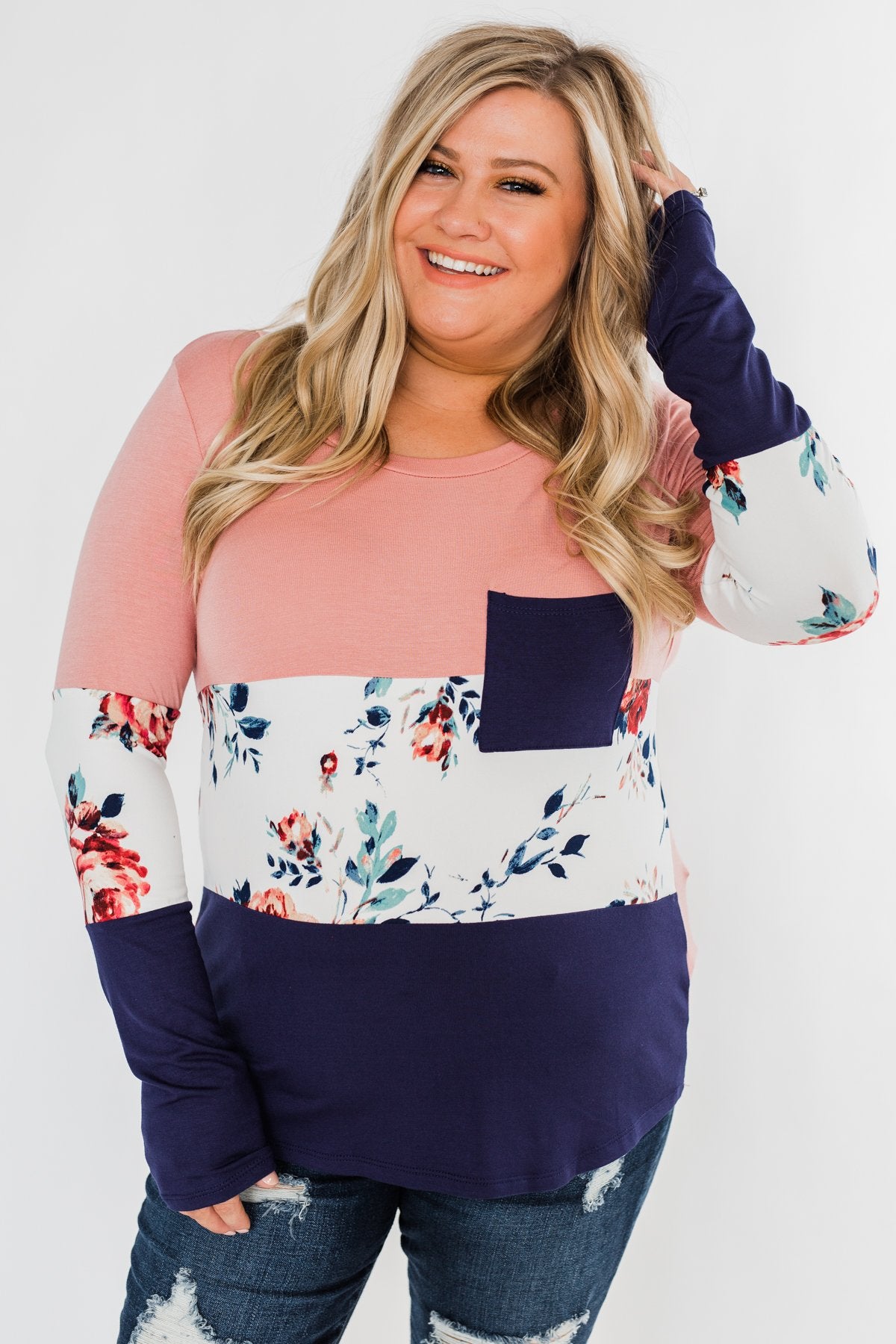 The Time Is Now Long Sleeve Floral top- Blush & Navy