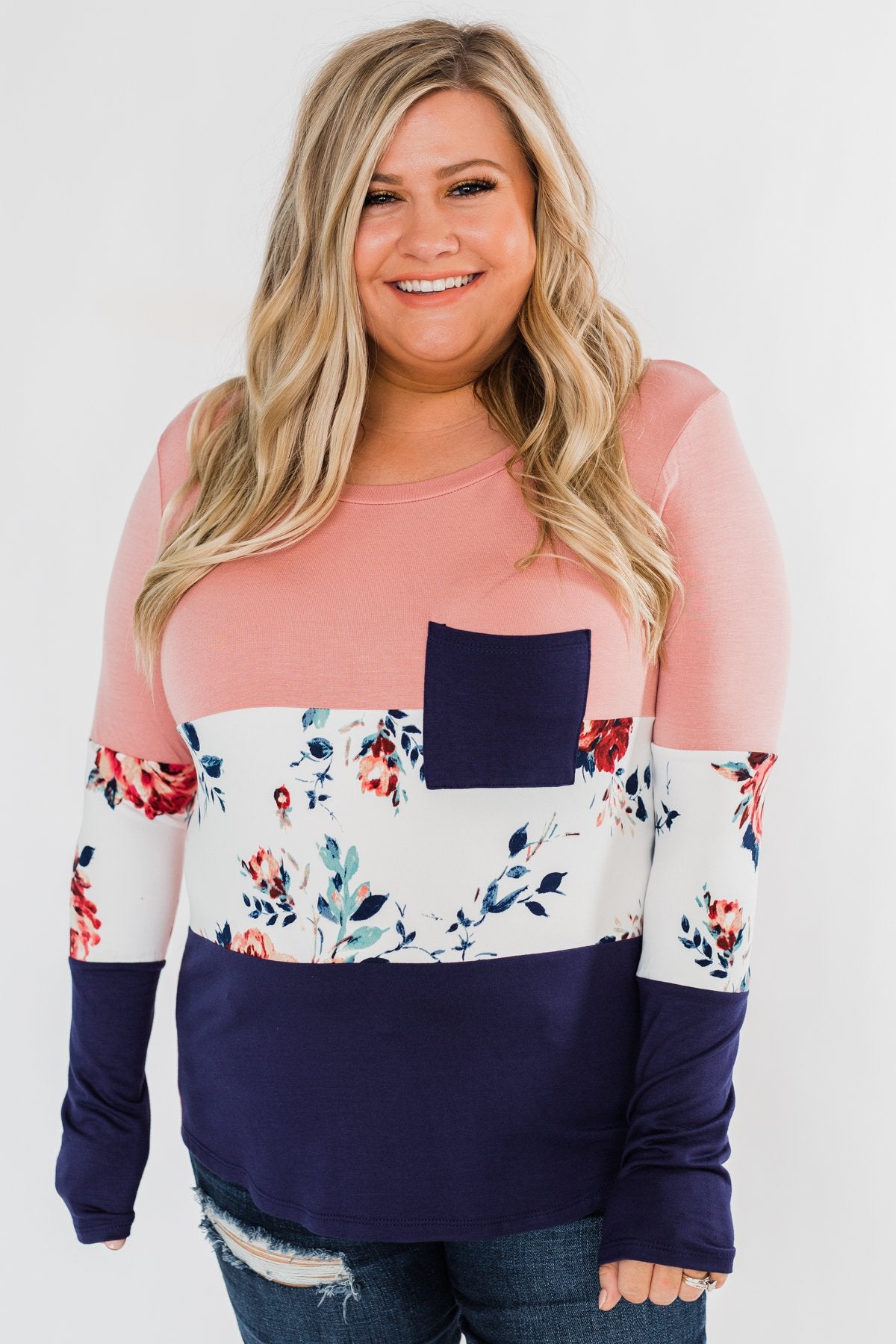 The Time Is Now Long Sleeve Floral top- Blush & Navy