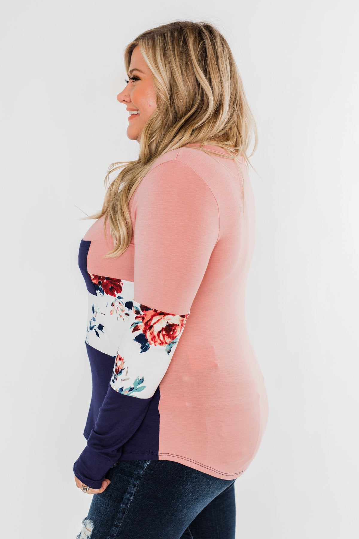 The Time Is Now Long Sleeve Floral top- Blush & Navy