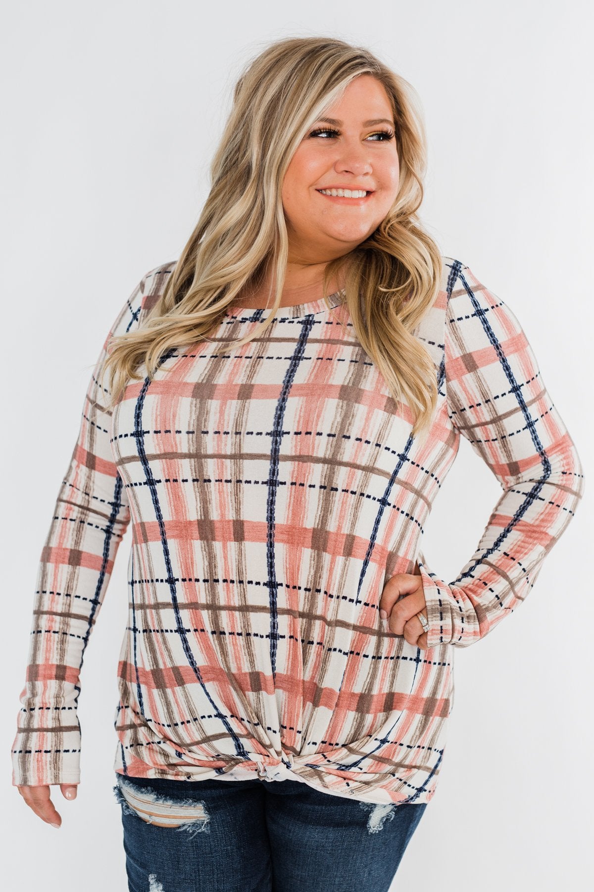 Long Sleeve Front Twist Top- Mauve, Cream, & Navy