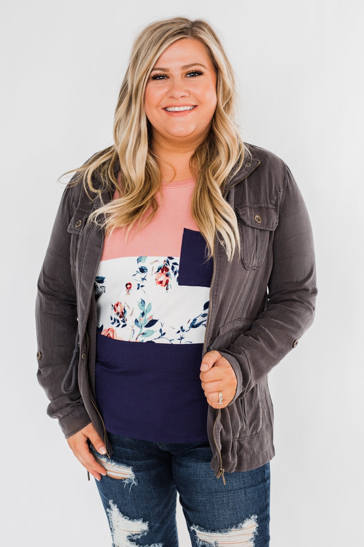 Carried Away Drawstring Waist Jacket- Charcoal