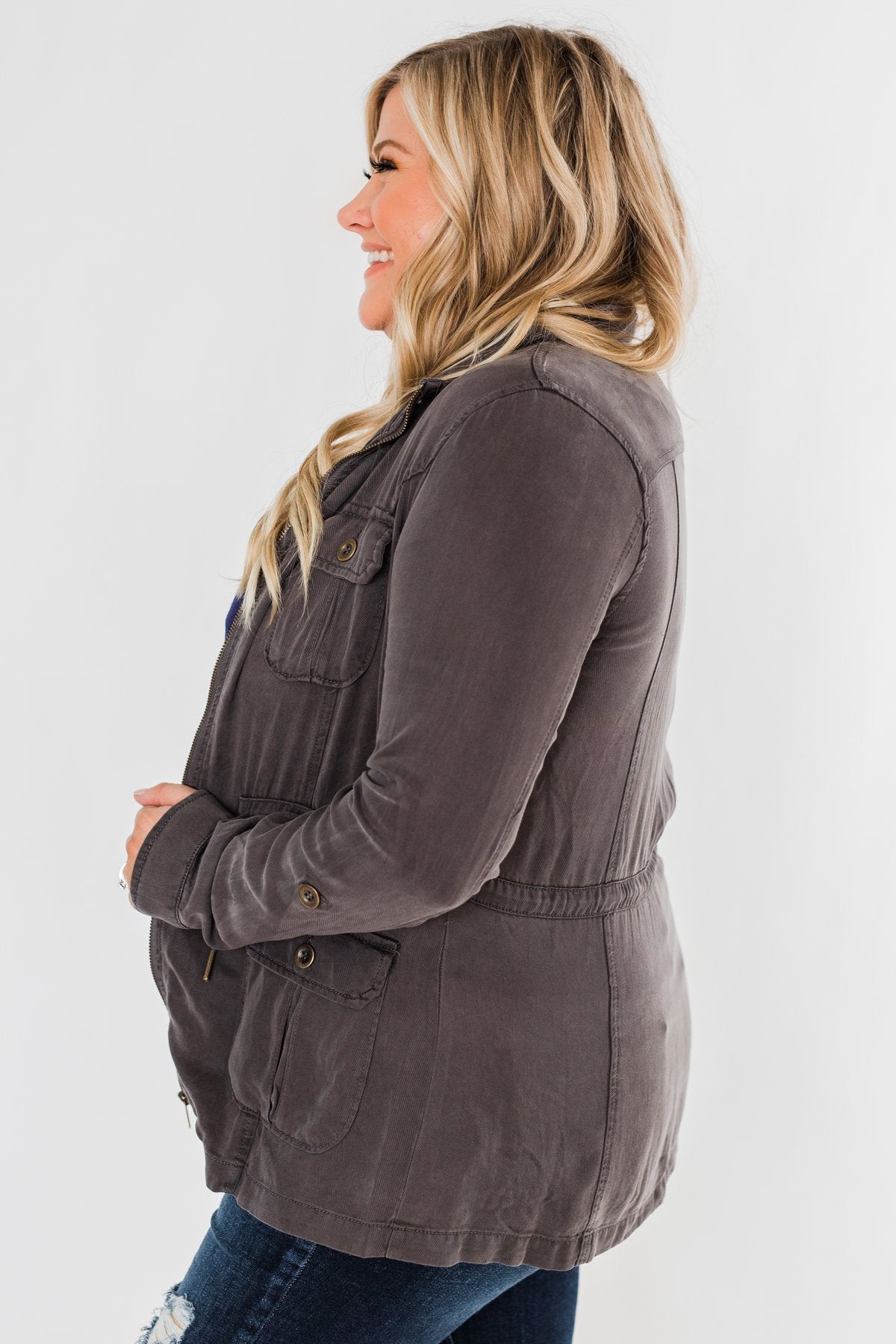 Carried Away Drawstring Waist Jacket- Charcoal
