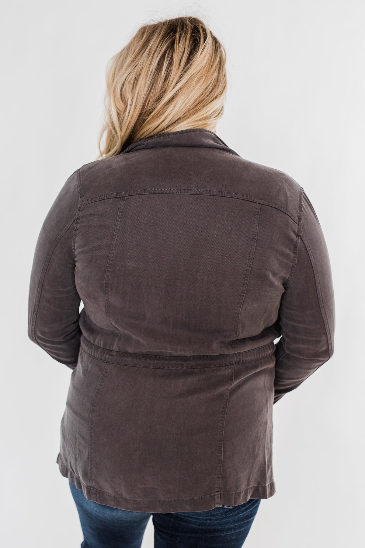 Carried Away Drawstring Waist Jacket- Charcoal