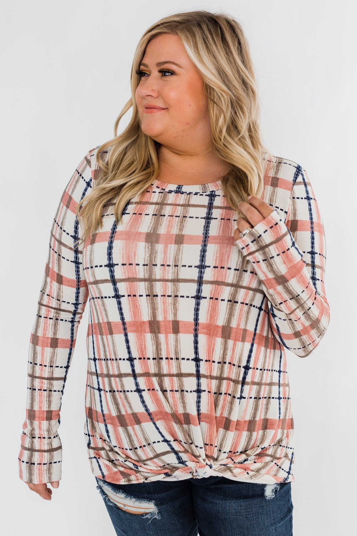 Long Sleeve Front Twist Top- Mauve, Cream, & Navy