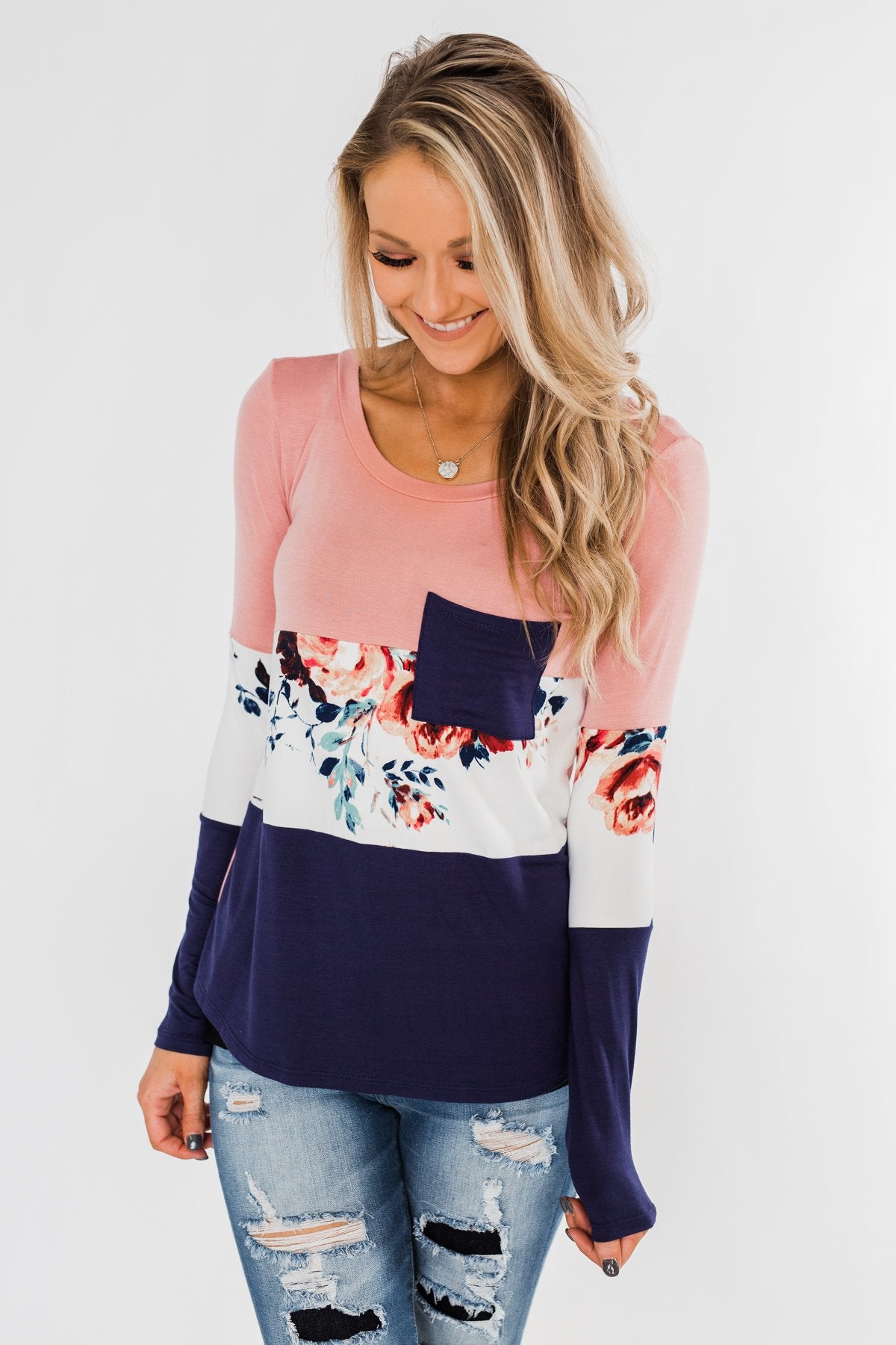 The Time Is Now Long Sleeve Floral top- Blush & Navy