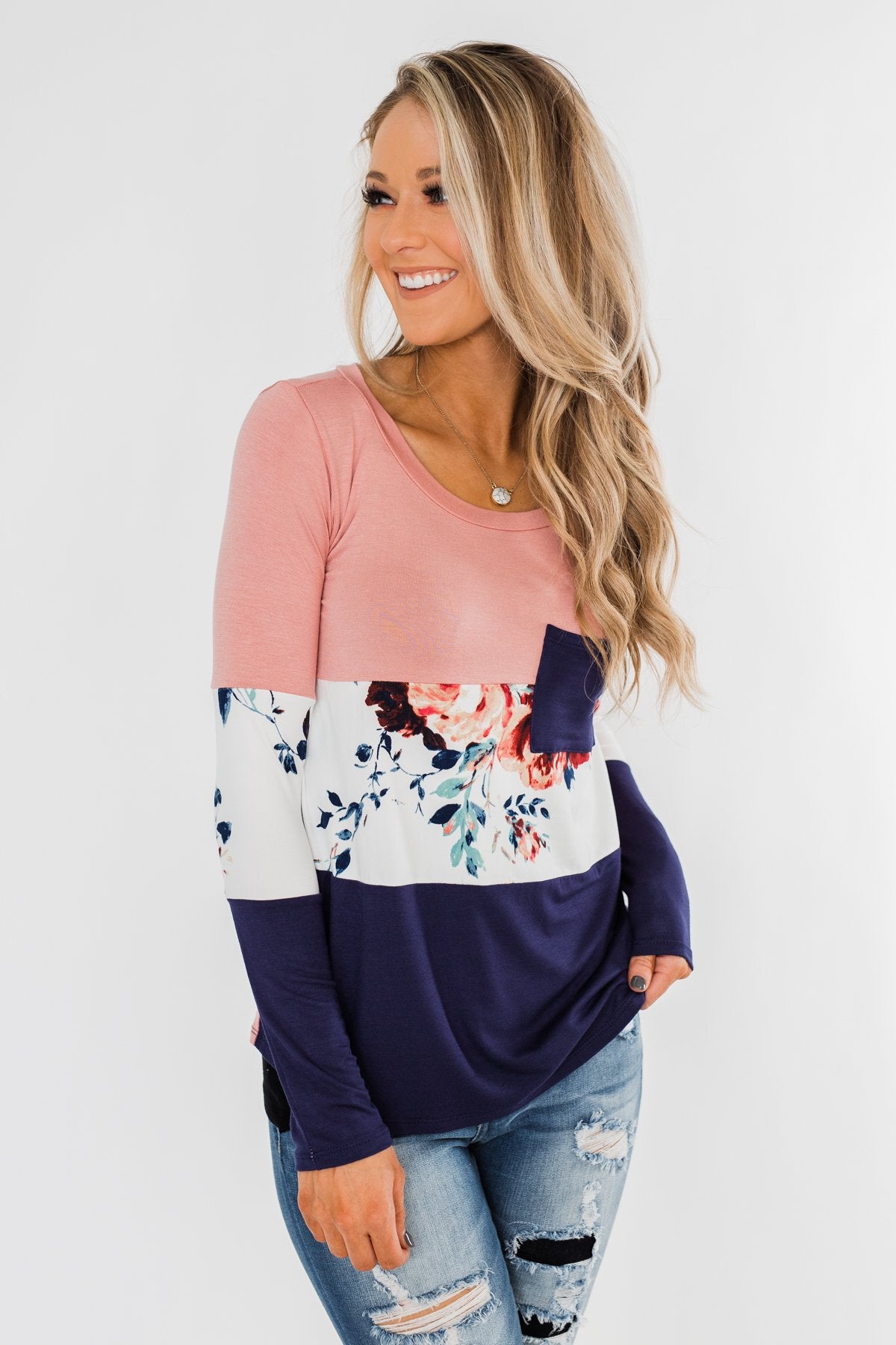 The Time Is Now Long Sleeve Floral top- Blush & Navy
