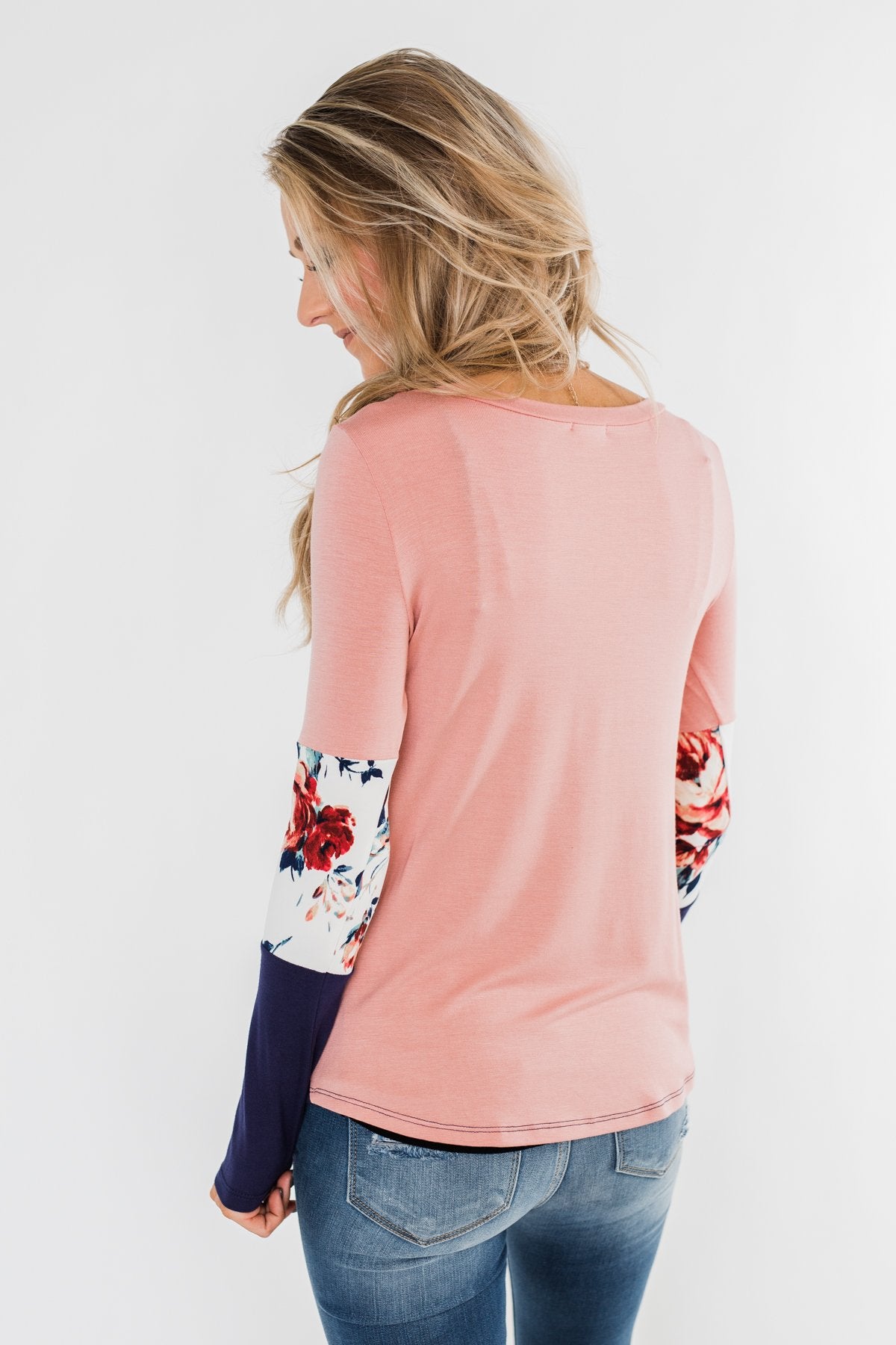 The Time Is Now Long Sleeve Floral top- Blush & Navy