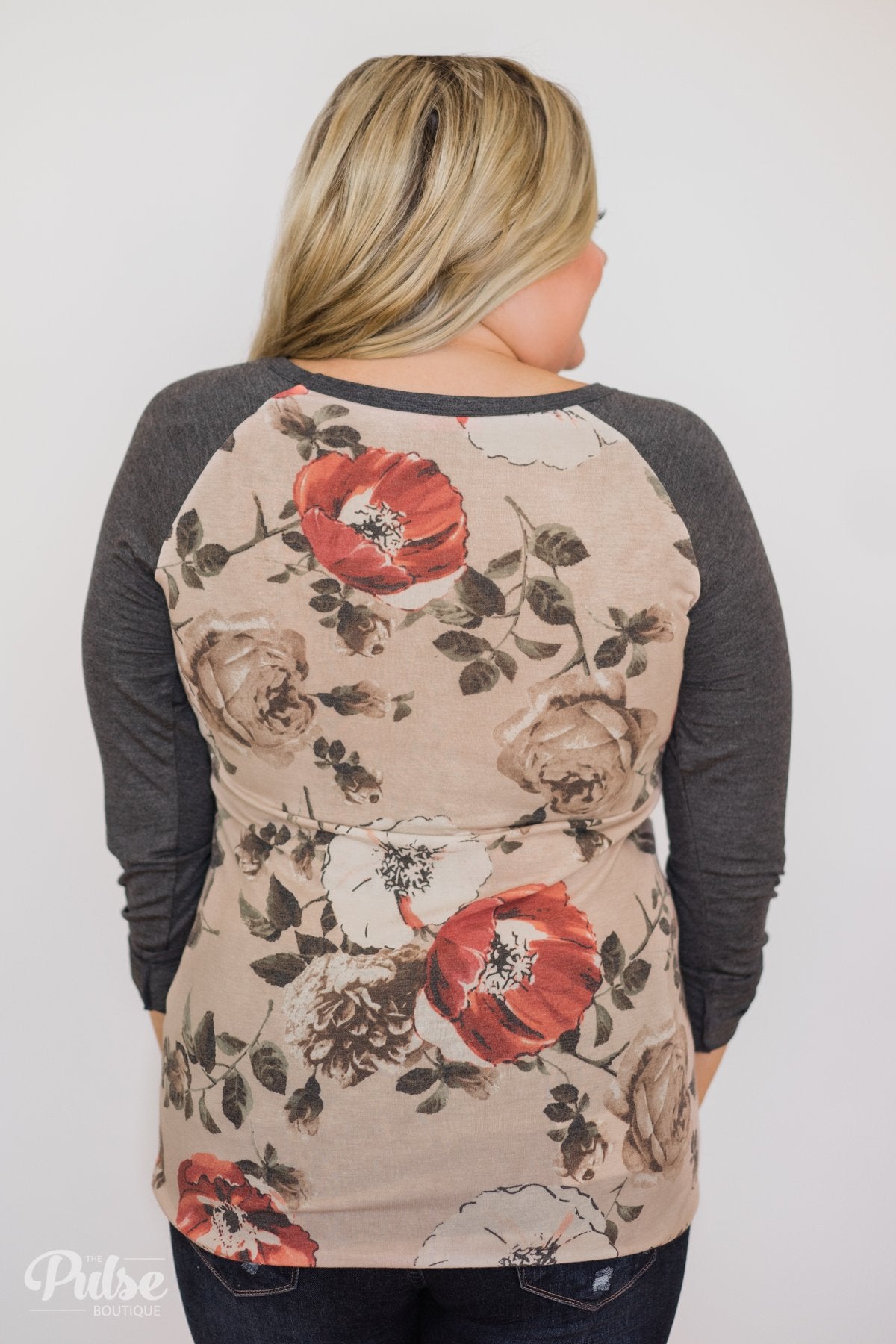 Ahead of the Game Floral Baseball Top- Beige & Charcoal