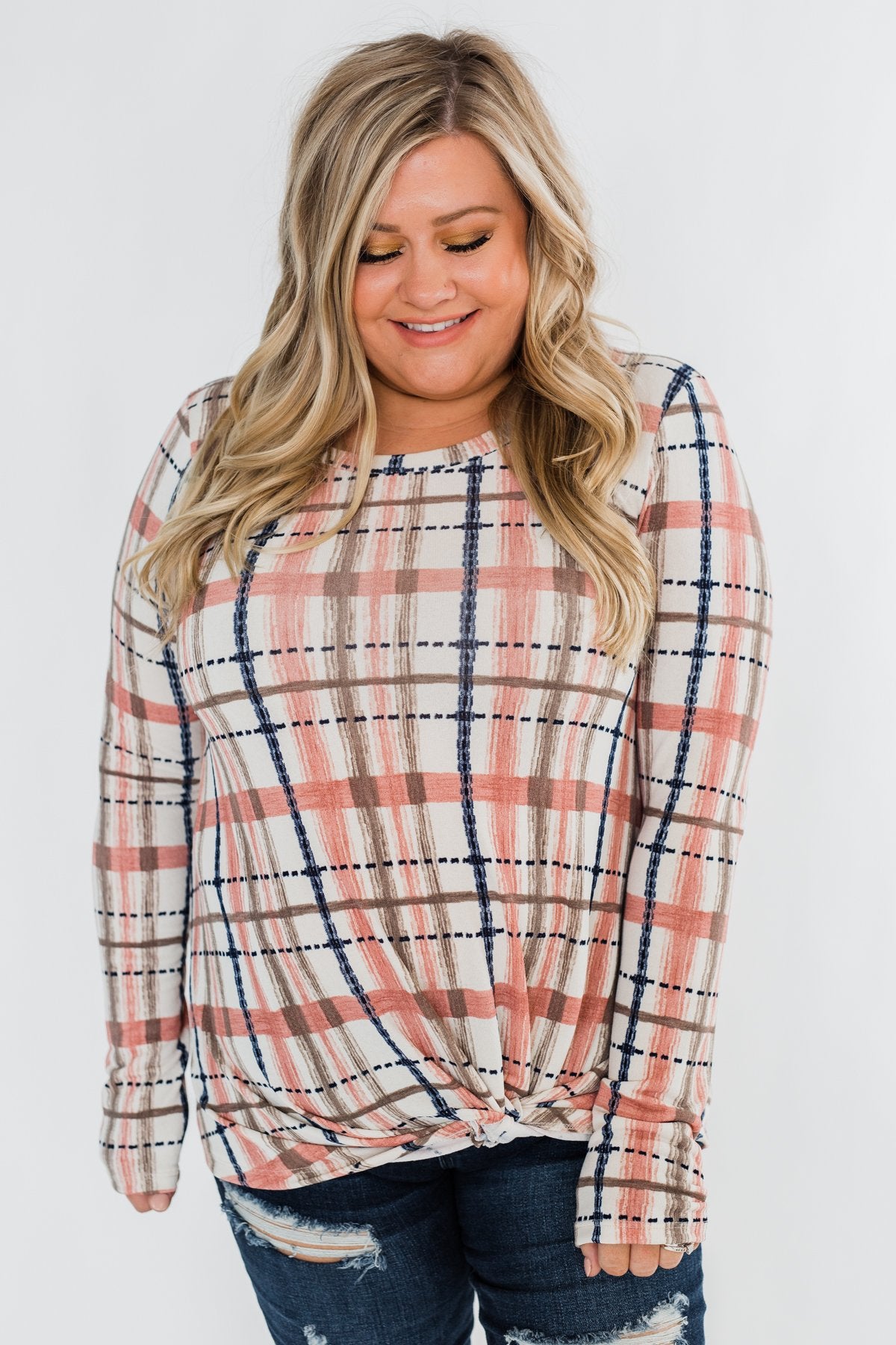 Long Sleeve Front Twist Top- Mauve, Cream, & Navy