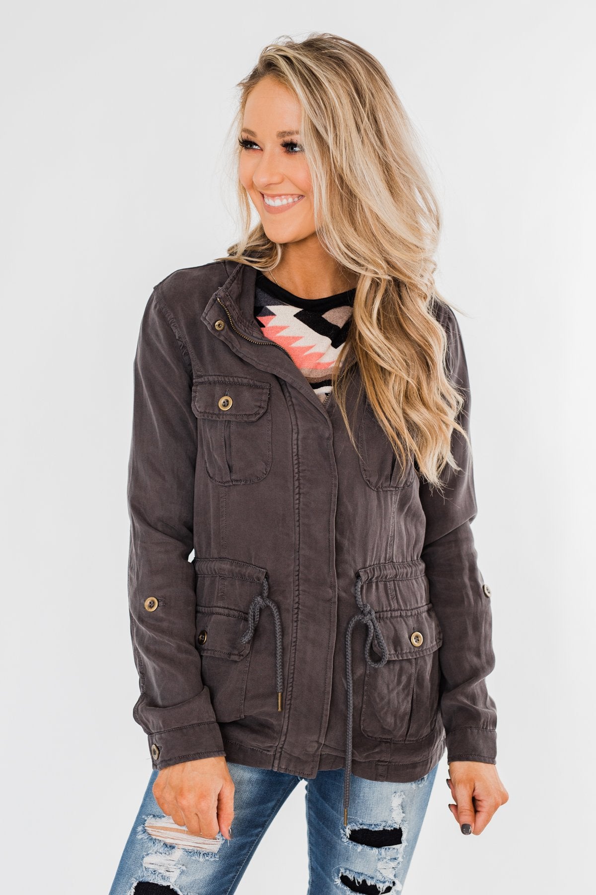 Carried Away Drawstring Waist Jacket- Charcoal