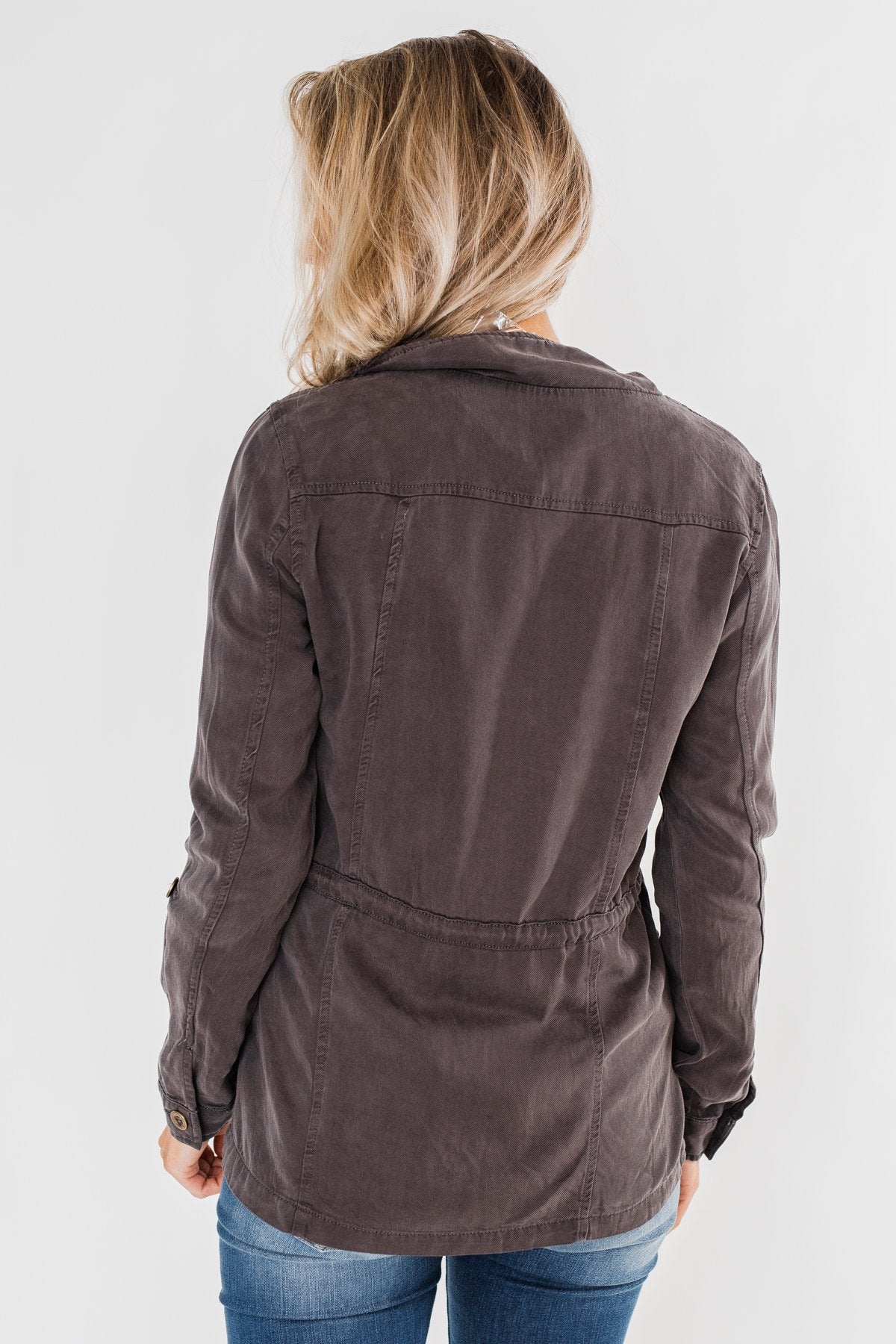 Carried Away Drawstring Waist Jacket- Charcoal