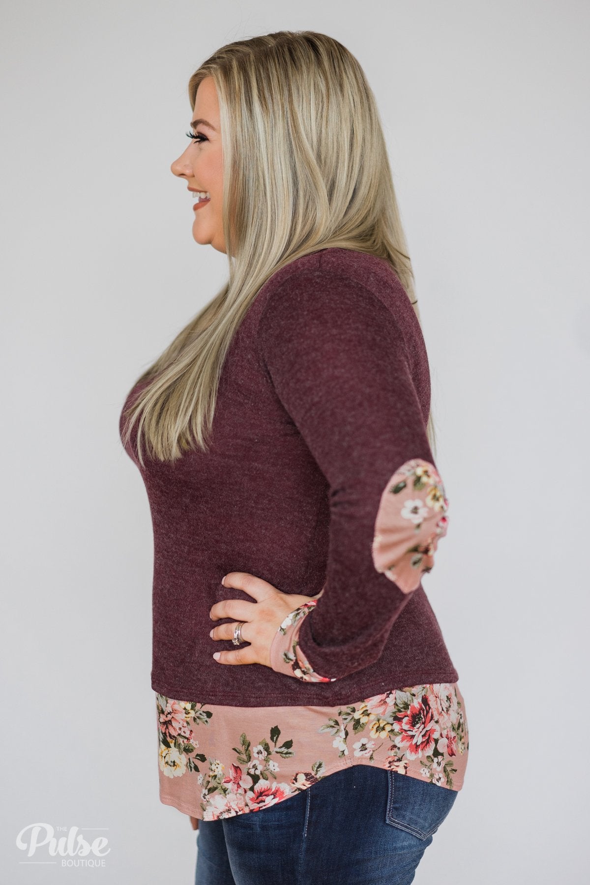 Floral Elbow Patch Top- Heathered Plum