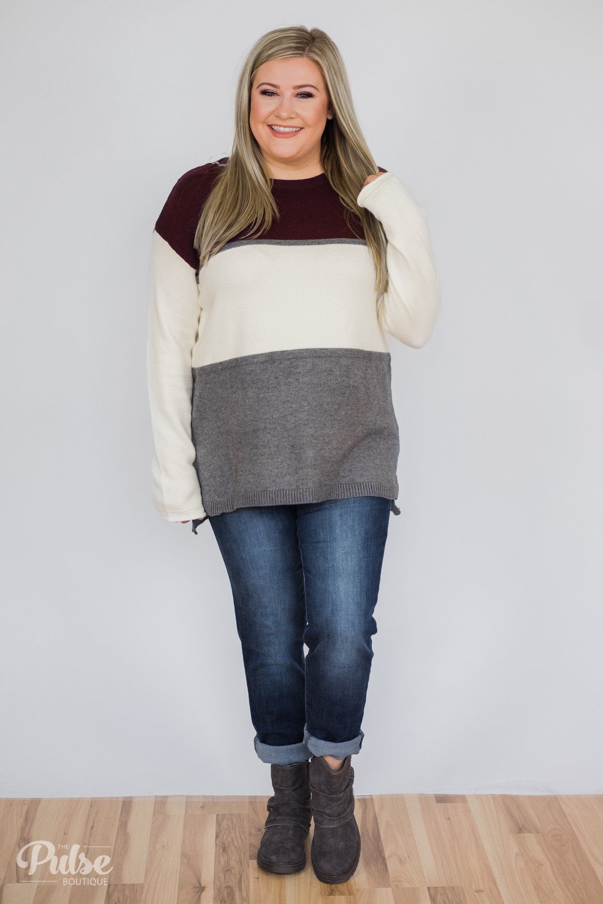 Keeping It Cozy Color Block Sweater- Eggplant, Ivory, Grey