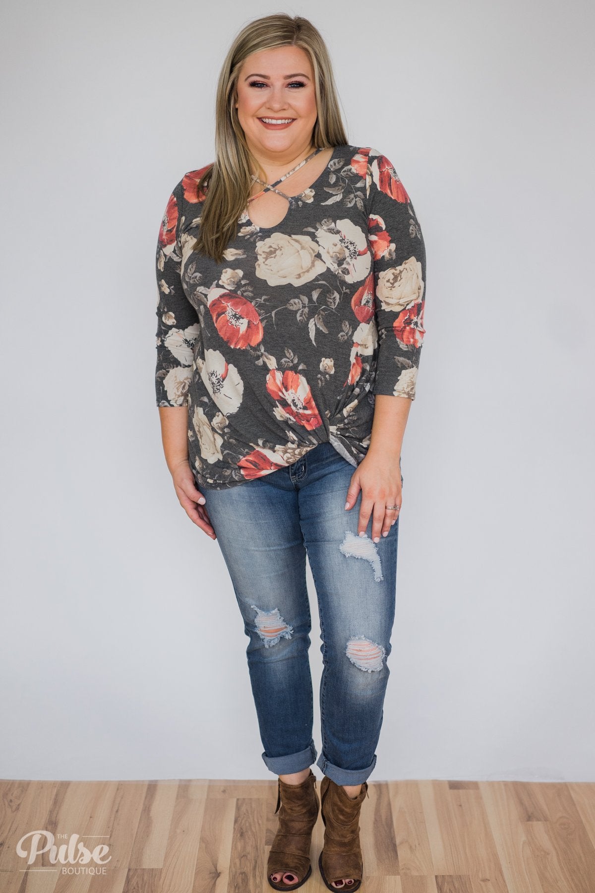 All About Floral Criss Cross Knot Top- Charcoal