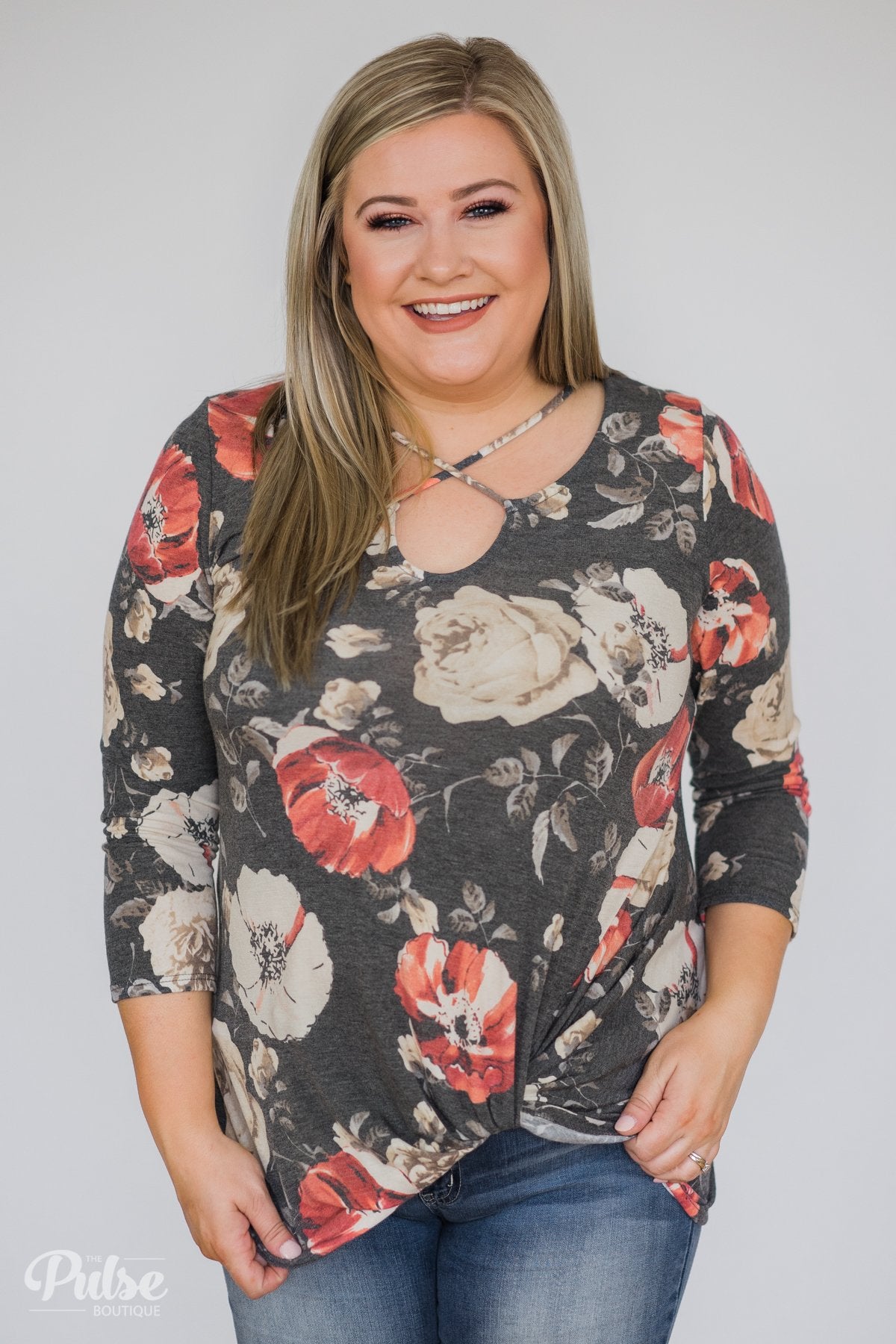 All About Floral Criss Cross Knot Top- Charcoal