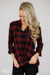 Knot Your Type Buffalo Plaid Top- Deep Red