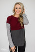 Can't Get Enough Color Block Top- Burgundy, Charcoal, Grey