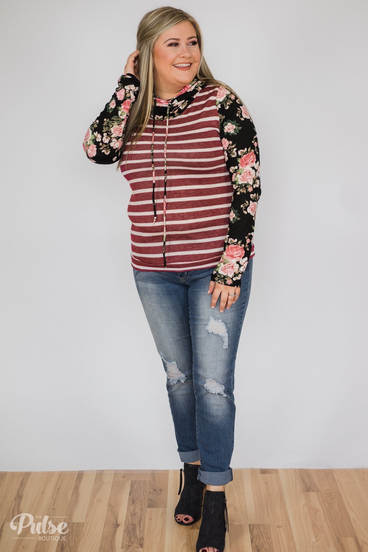 Pure Beauty Floral & Striped Cowl Neck Top- Black & Burgundy
