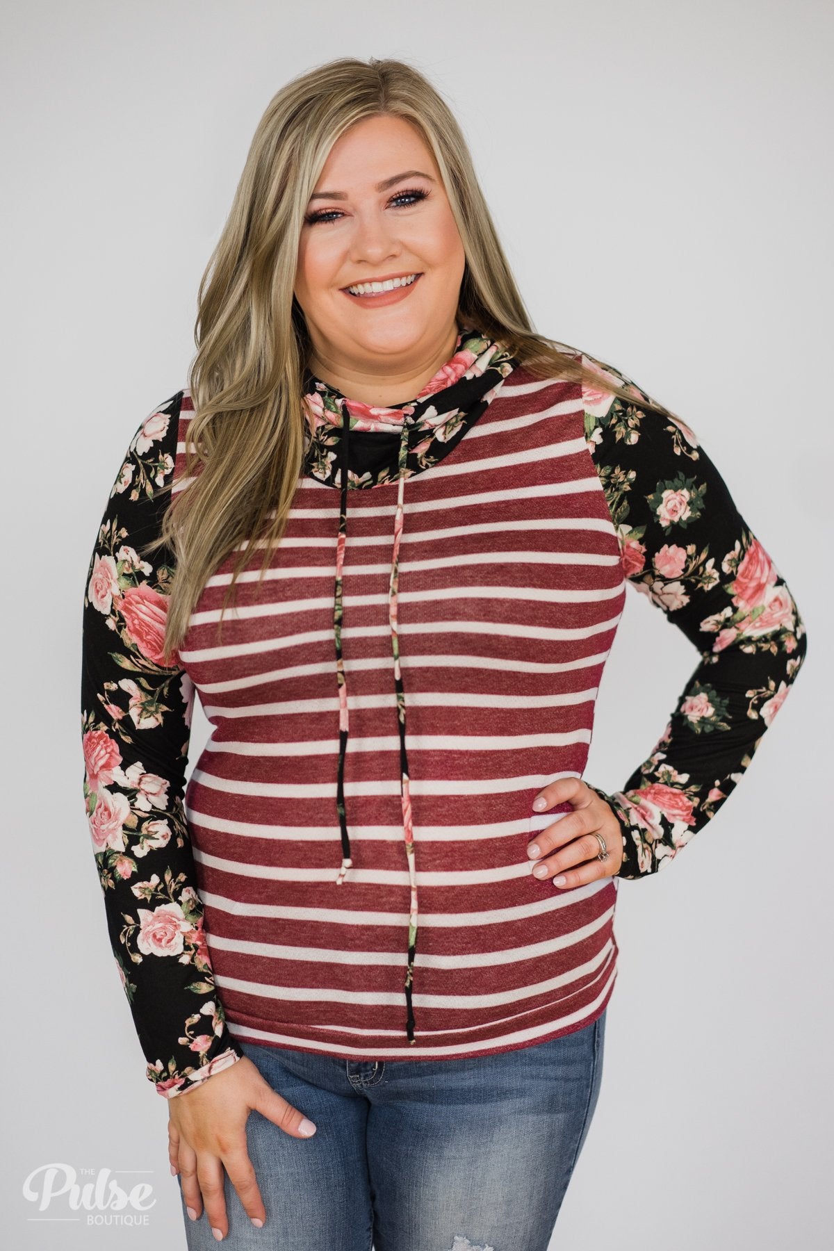 Pure Beauty Floral & Striped Cowl Neck Top- Black & Burgundy