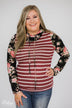 Pure Beauty Floral & Striped Cowl Neck Top- Black & Burgundy