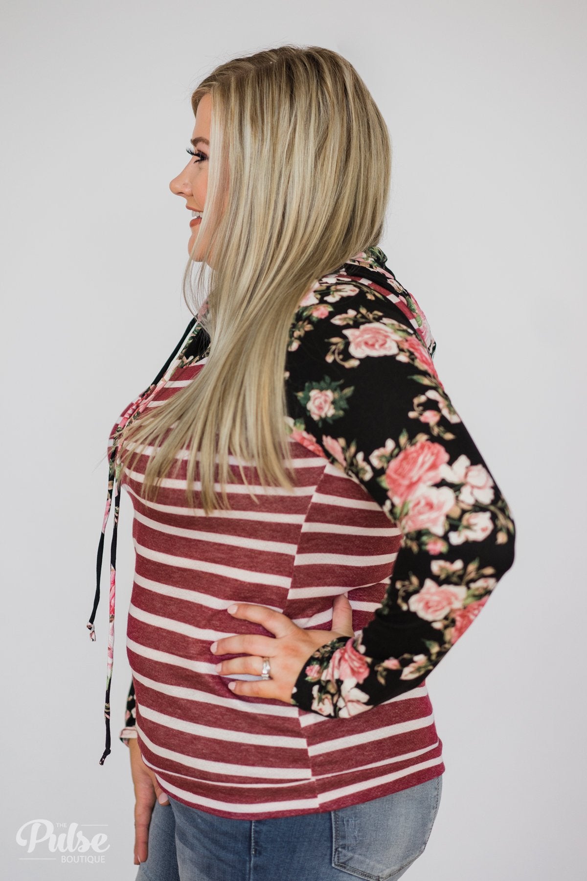 Pure Beauty Floral & Striped Cowl Neck Top- Black & Burgundy
