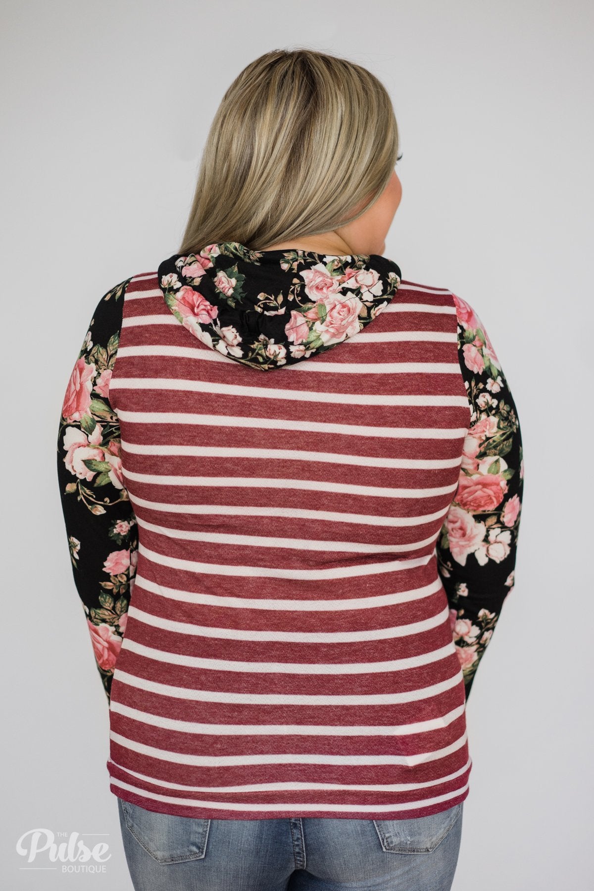 Pure Beauty Floral & Striped Cowl Neck Top- Black & Burgundy