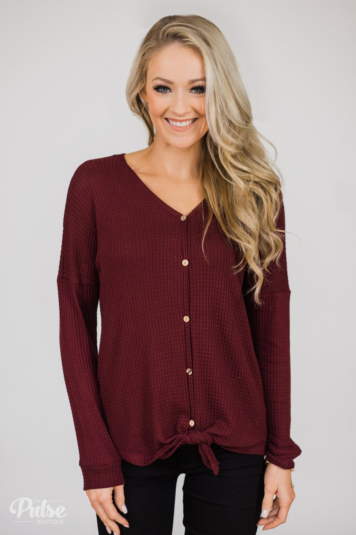 Thermal Button Knot Top- Burgundy