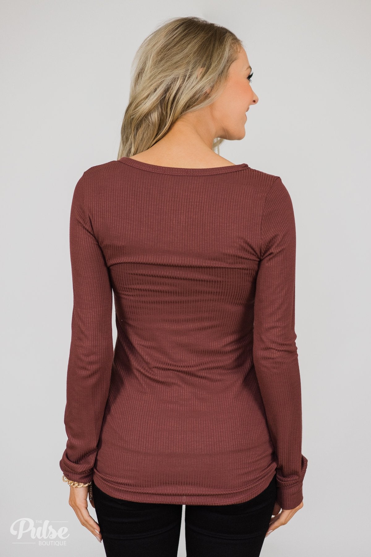Need You Now 5-Button Henley Top- Red/Brown