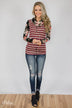 Pure Beauty Floral & Striped Cowl Neck Top- Black & Burgundy