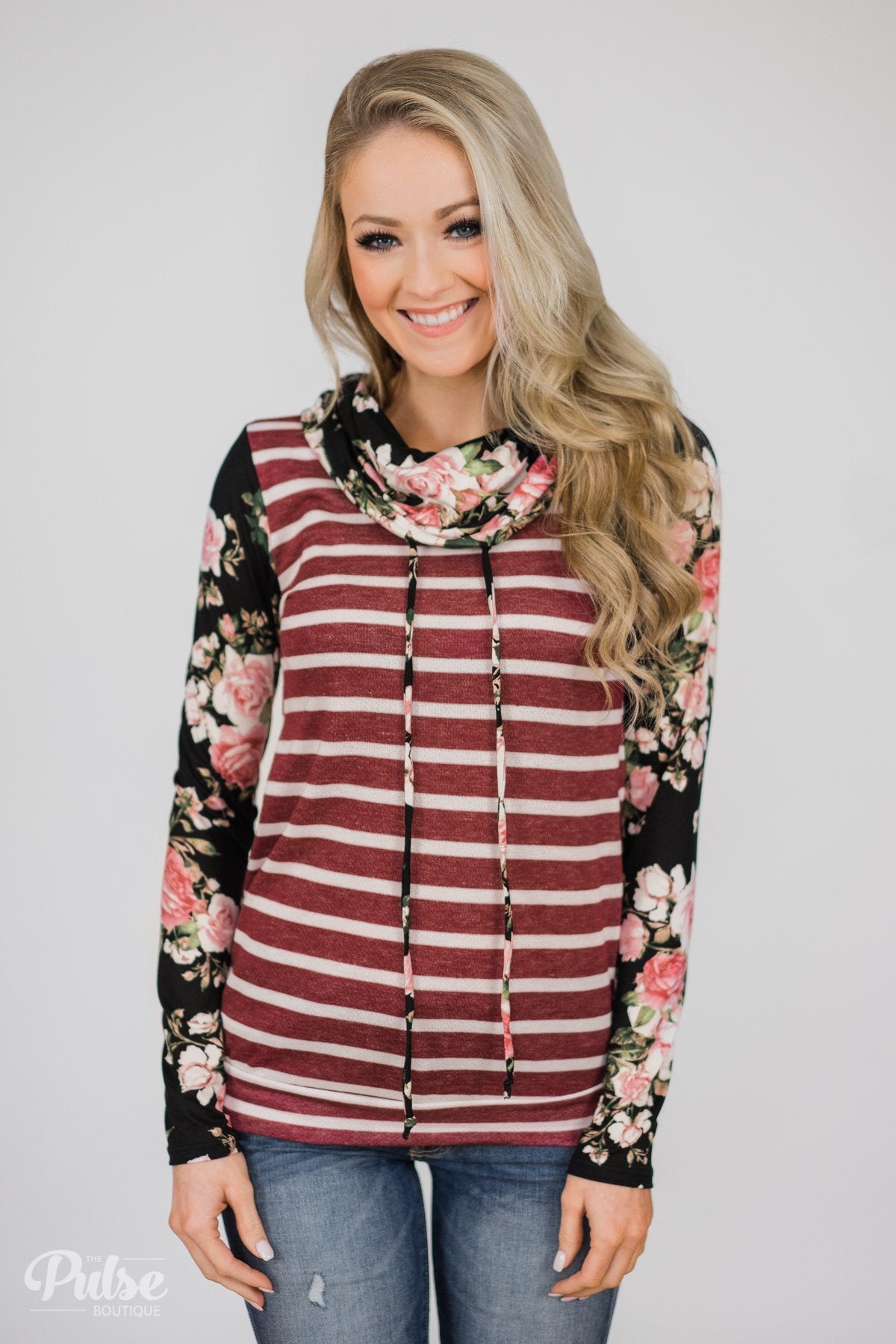 Pure Beauty Floral & Striped Cowl Neck Top- Black & Burgundy