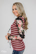 Pure Beauty Floral & Striped Cowl Neck Top- Black & Burgundy