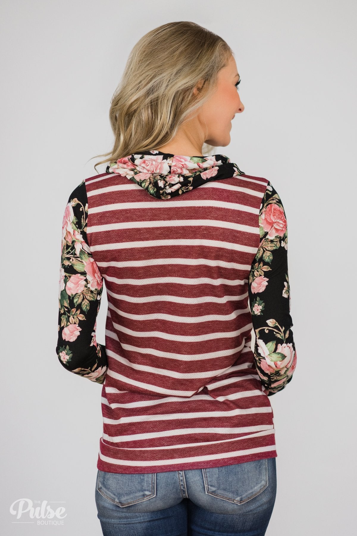 Pure Beauty Floral & Striped Cowl Neck Top- Black & Burgundy