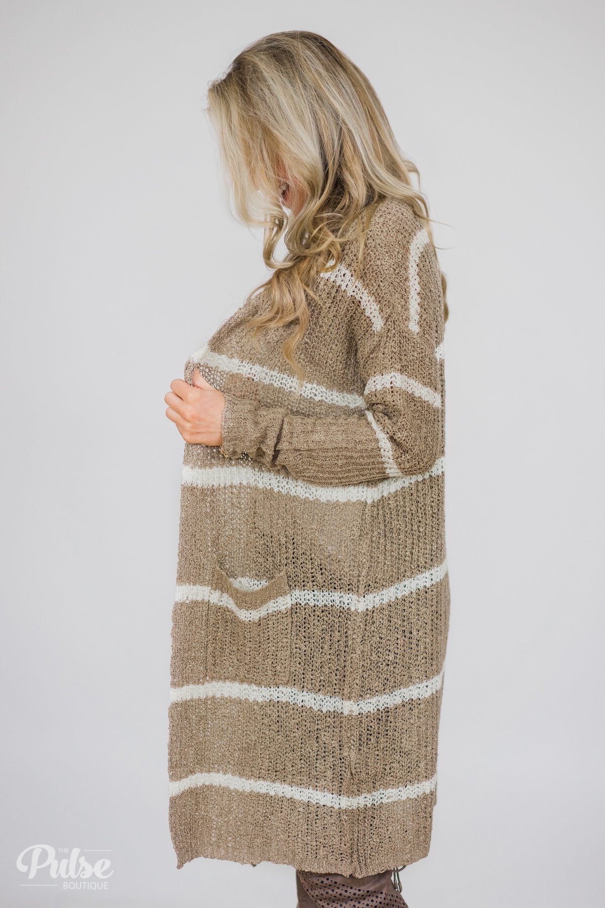 Long Knitted Striped Cardigan- Taupe & Ivory