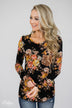 Flowers of Fall Sequin Pocket Long Sleeve Top- Black
