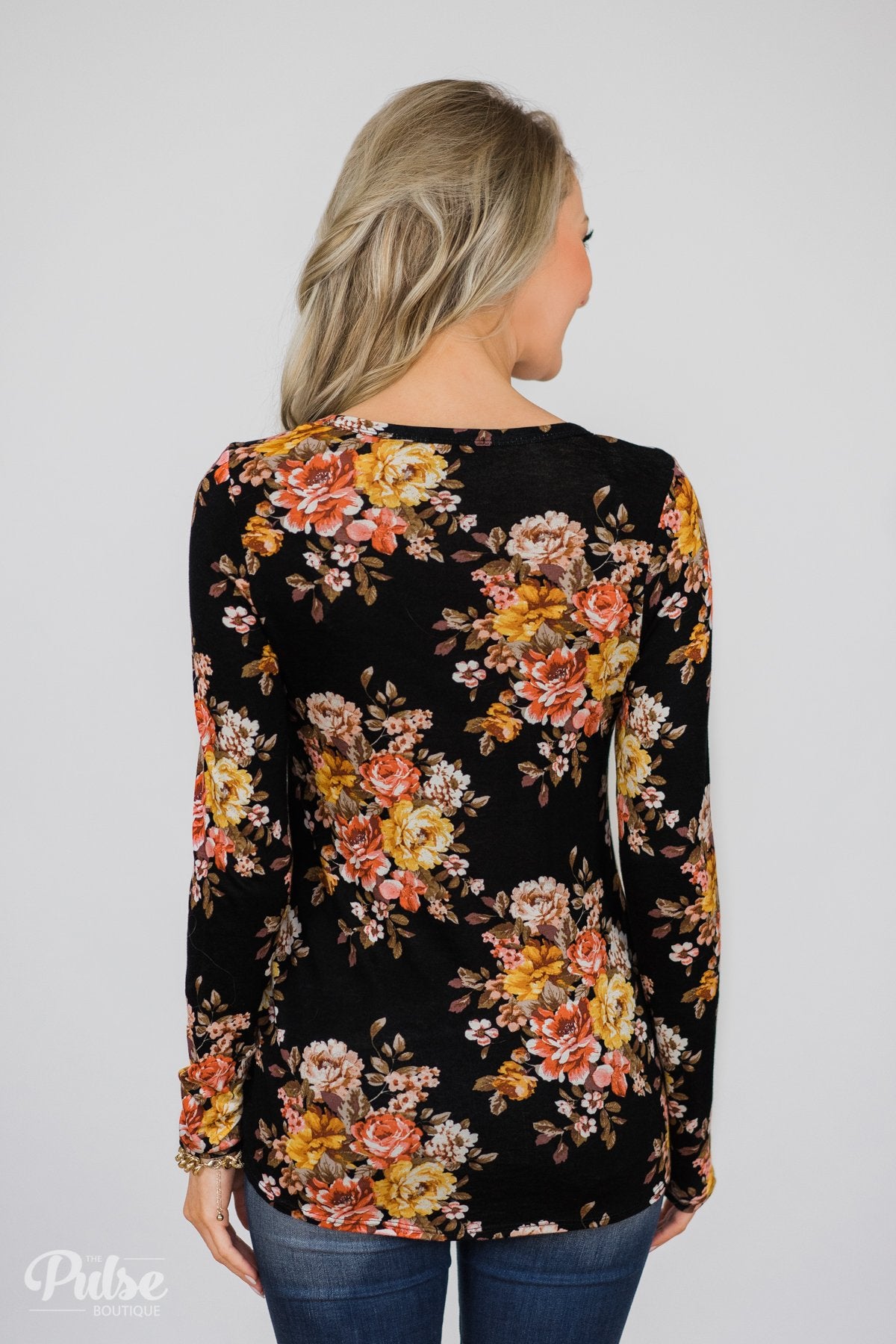 Flowers of Fall Sequin Pocket Long Sleeve Top- Black