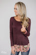 Floral Elbow Patch Top- Heathered Plum