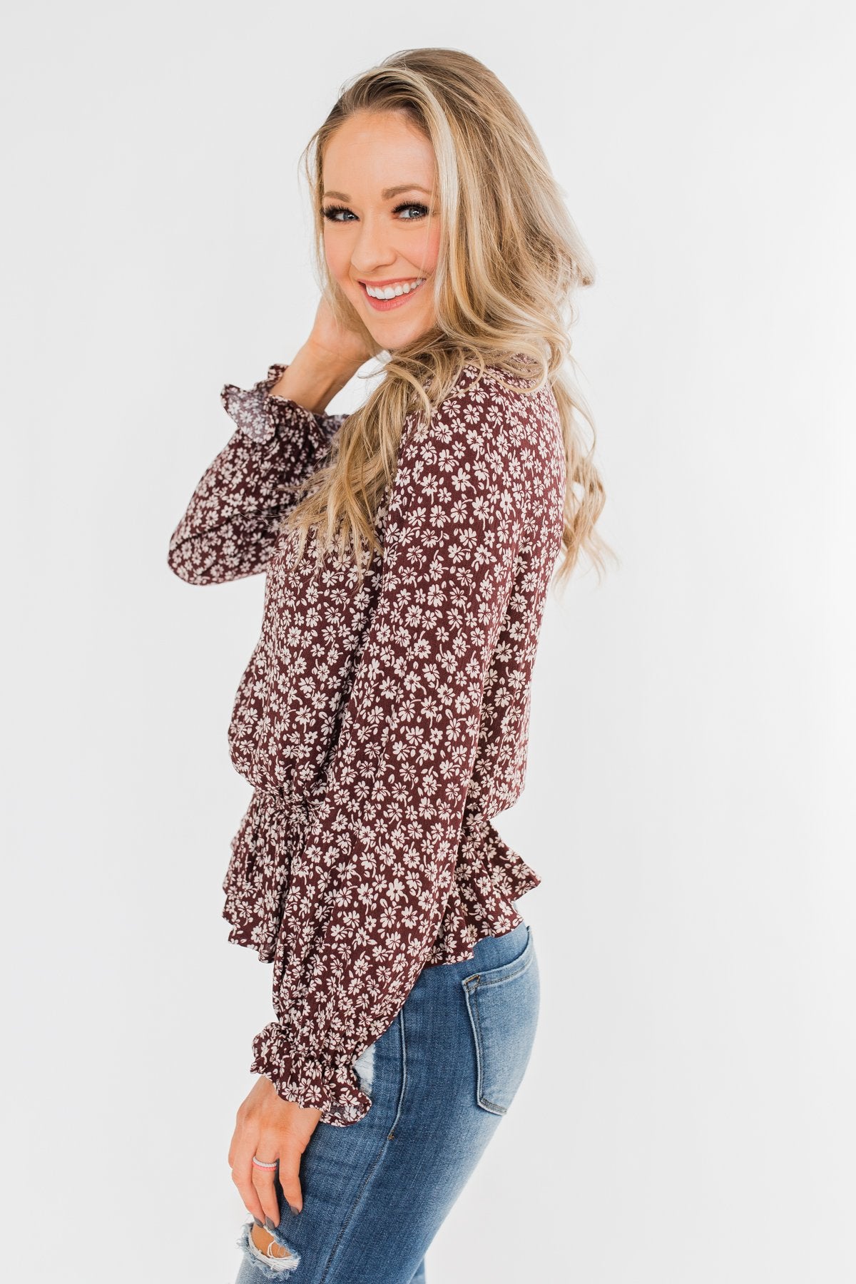 Must Be Love Floral Cinched Blouse- Clay Brown