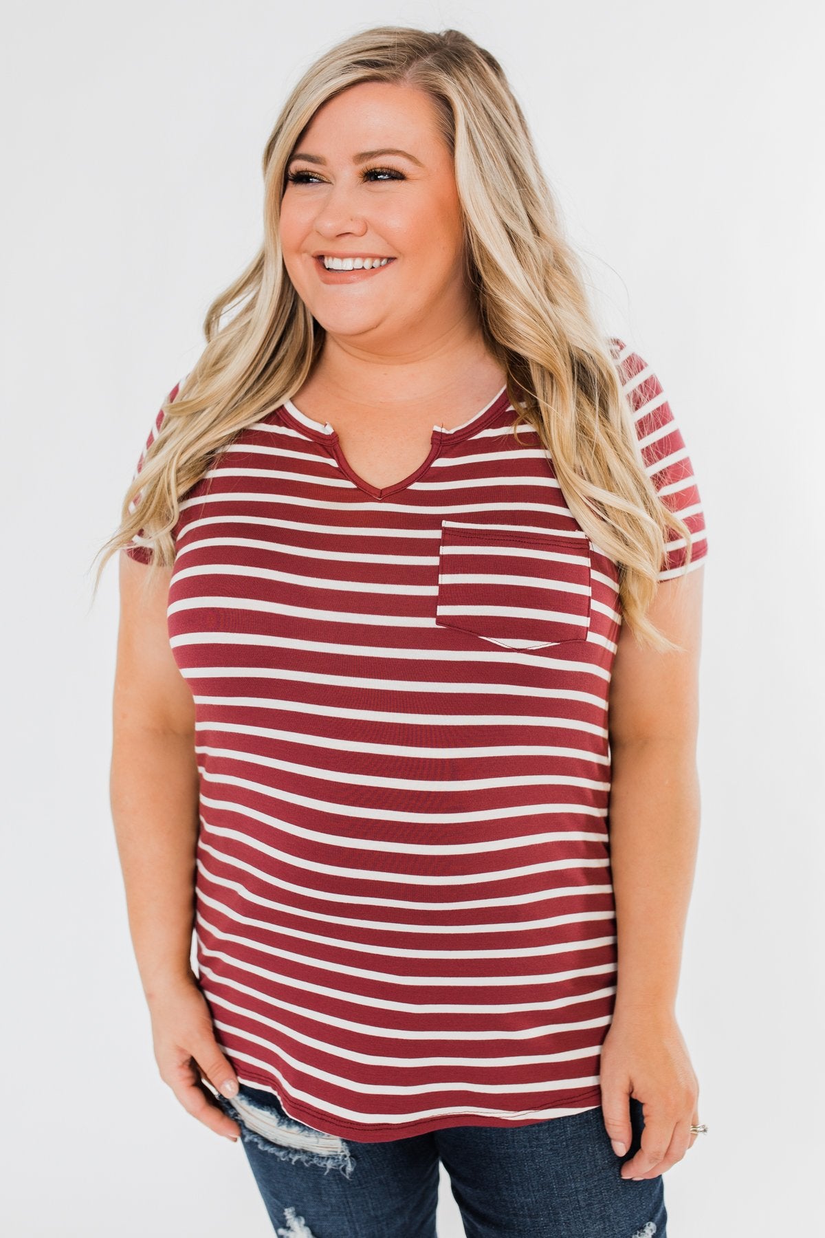 This is Me Striped Notch Pocket Top- Brick Red & Ivory