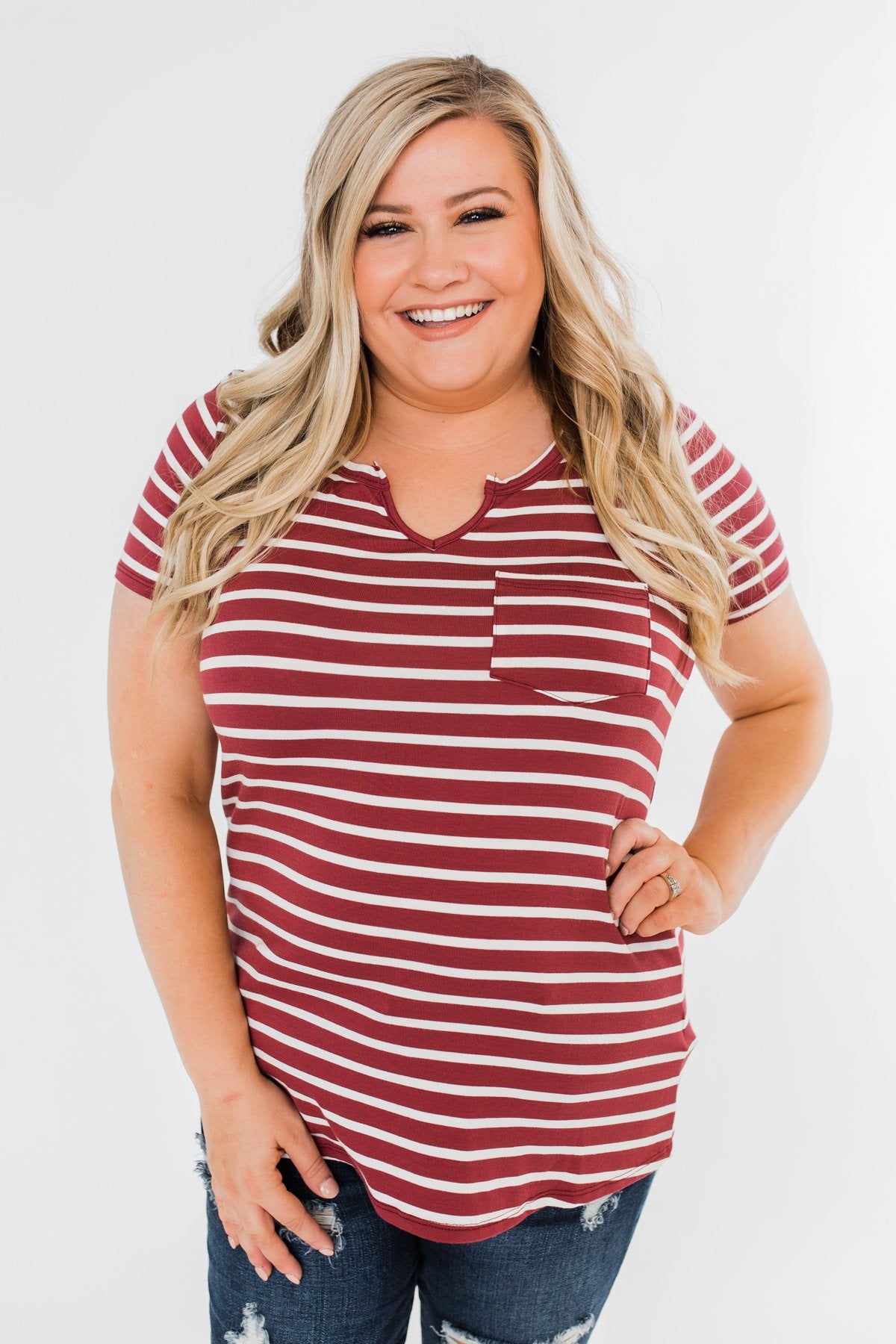 This is Me Striped Notch Pocket Top- Brick Red & Ivory
